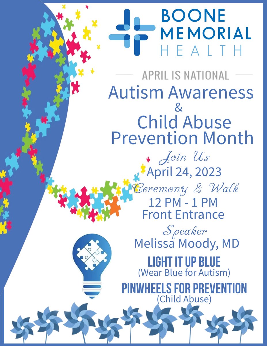 BooneMemorialWV's tweet photo. Join BMH for an Autism Awareness &amp; Child Abuse Prevention Ceremony and Walk. Let's LIGHT IT UP BLUE and come together in unity to create ways to become a more inclusive society and to prevent child abuse. 
#BMHWV #ChooseBoone #autismawarenessmonth #ChildAbusePreventionMonth https://t.co/In5B3I8nFB