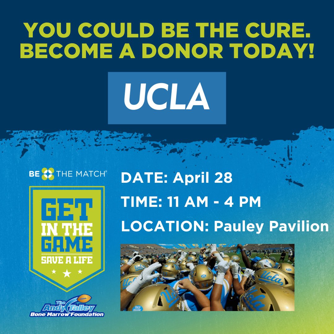 RyanMcNamee's tweet photo. Mark your calendars 📆 
@UCLAFootball Marrow Donor Drive
Friday, April 28 11a-4p #BruinWalk
#GetInTheGame #SaveALife https://t.co/PkZ6QNGuPJ