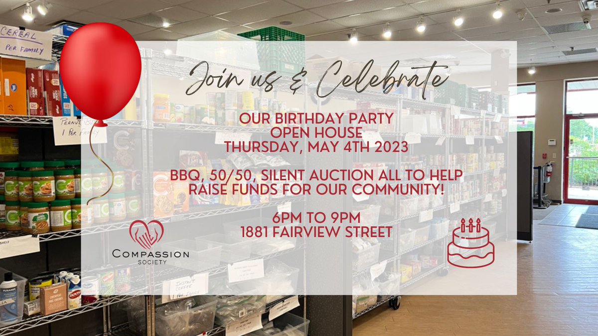 You're Invited!
🎈 Come &amp; join us and help us celebrate our birthday! 
Thursday, May 4th, 2023
6pm to 9pm 
1881 Fairview St, Burlington 

BBQ, 50/50, Silent Auction - all to help raise funds for our community! 
compassionsocietyofhalton.com