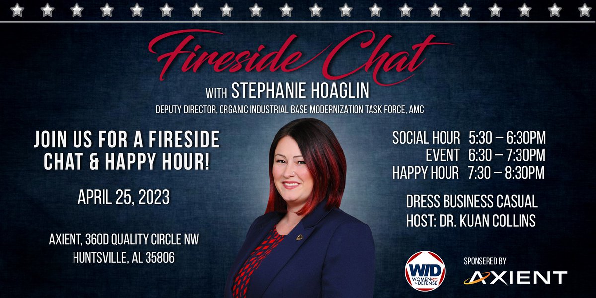 WID_TVC's tweet photo. Mark Your Calendars and Join Us for a Fireside Chat with Stephanie Hoaglin sponsored by Axient. PLUS Networking, Social Hour, and Happy Hour. CLick  the Link to Register: https://t.co/jMBpOb7o9g https://t.co/qpGgk3WMW7