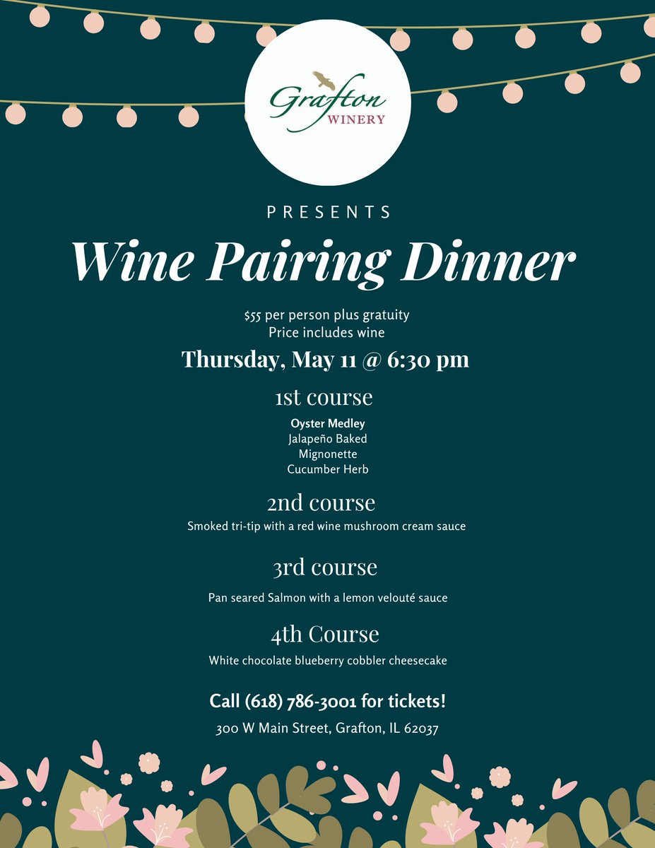 Still a few tickets available for our next wine pairing dinner at the Downtown Grafton location!! Call the gift shop at (618)786-3001 to reserve your seats now!