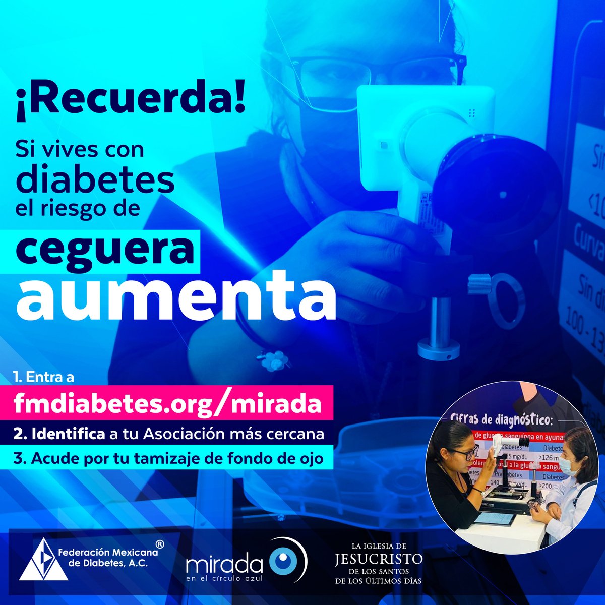 fmdiabetes's tweet photo. El objetivo de nuestra campaña #MiradaEnElCirculoAzul es evaluar a más de 10 mil personas con diabetes, para detectar a tiempo cualquier lesión en ojos y prevenir la ceguera.
Entra a https://t.co/2AgXROyLZi y acude a tu Asociación más cercana. https://t.co/MctWftBYHr