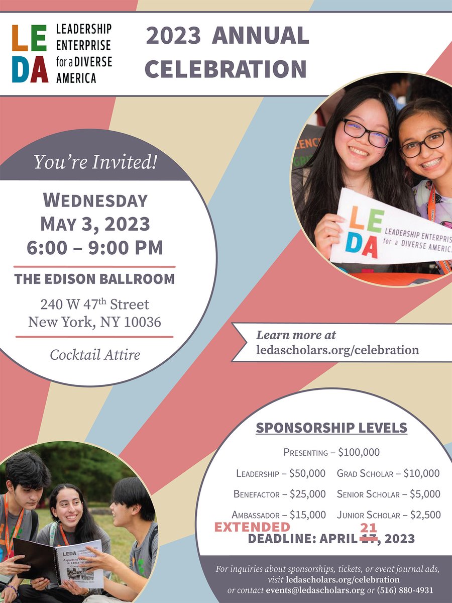 TODAY is our deadline: commit to your sponsorship or journal ad today to receive recognition in our 2023 Annual Celebration digital and printed event journals.
Visit ledascholars.org/celebration for more information and see you on May 3!
#LEDAcelebration