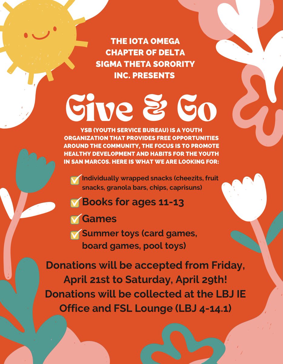 We will be taking donations in the LBJ IE Office and FSL Lounge from April 21st-April 29th!