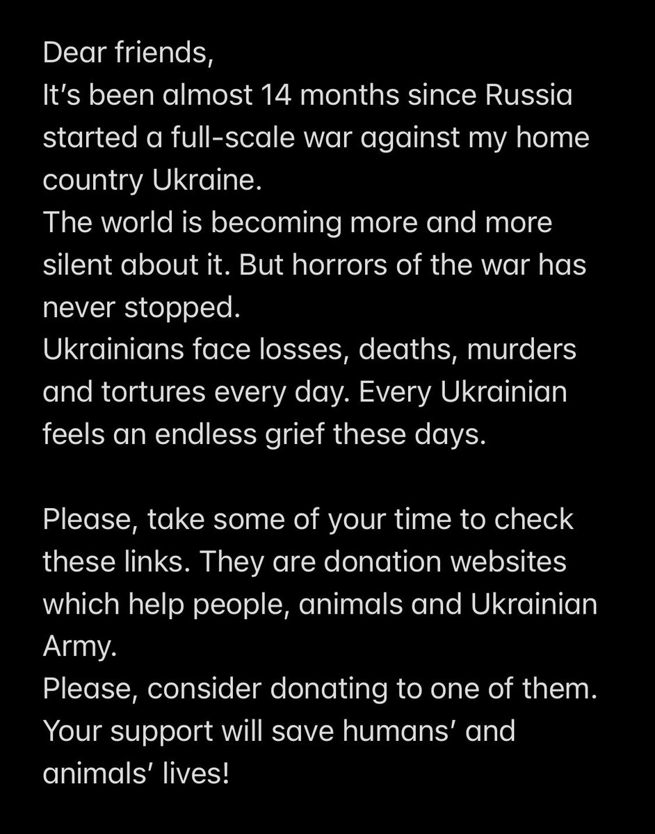 Dear friends,
It’s been almost 14 months since Russia started a full-scale w 🅰️ r  against my home country Ukraine. 
[…]

Please, take some of your time to check these links ‼️

Here is a big list of different organizations you can donate to:

marieclaire.com/politics/how-t…