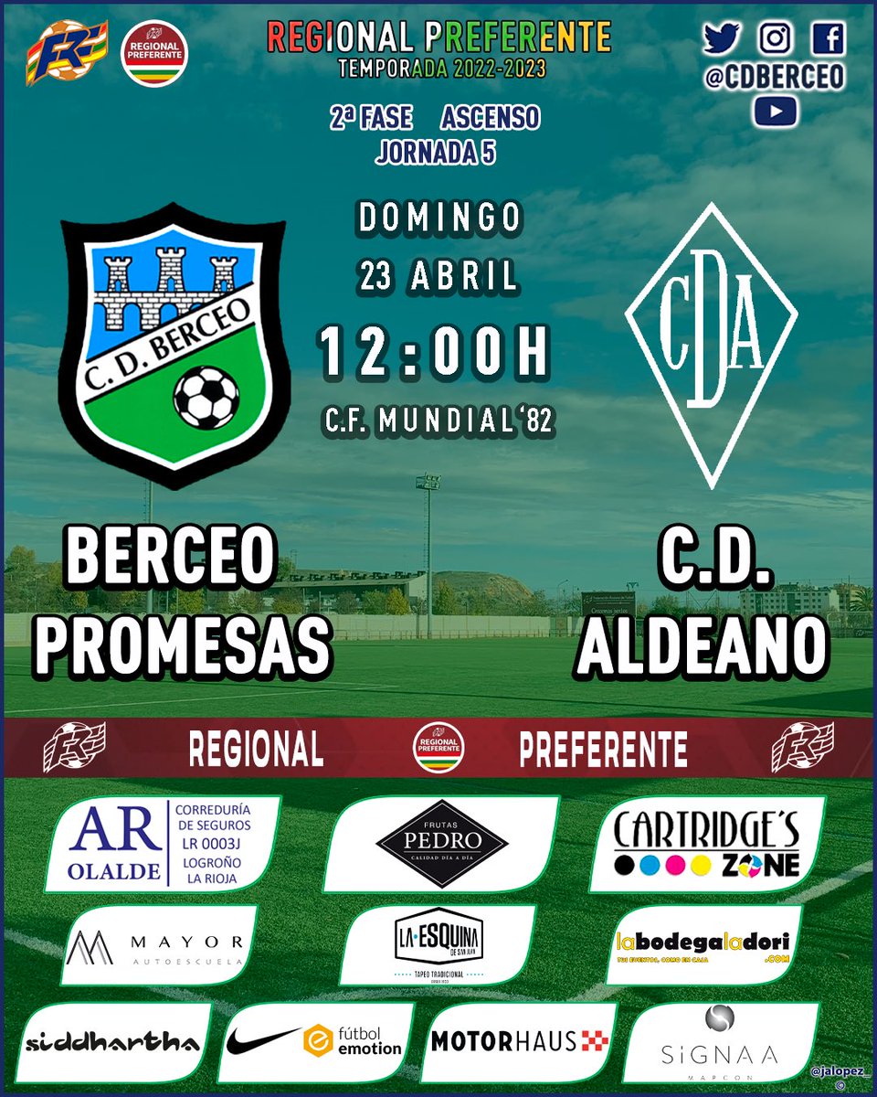 cdberceo's tweet photo. 🏆 REGIONAL PREFERENTE 🏆 2ª FASE ASCENSO - J.5 🏆
⚽️ @cdberceo Promesas 🆚 #cdaldeano
📅 Domingo 23 Abril
⏰ 12:00H
🏟 C.F. Mundial ‘82 https://t.co/6vp6lqYYPn