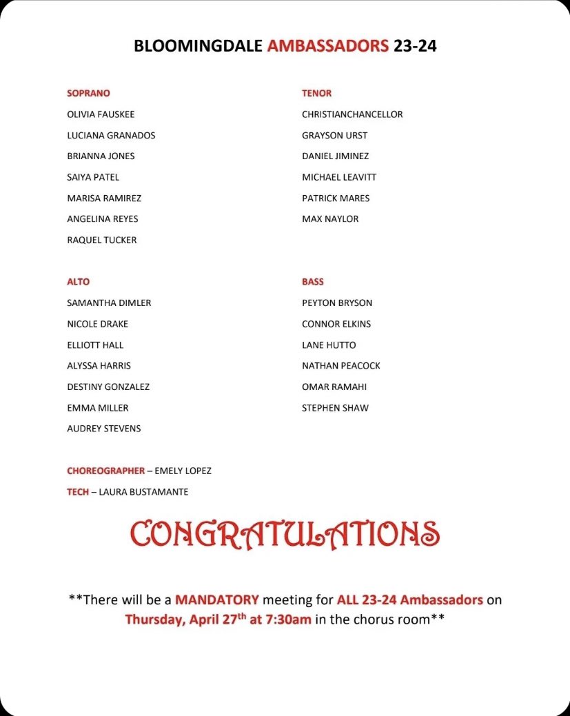 bshschorus's tweet photo. Congratulations to the 2023-2024 Ambassadors!!! There is a MANDATORY meeting for ALL ‘23-‘24 Ambassadors Thursday, April 27th at 7:30am in the chorus room!! https://t.co/ouMkJRxUVi