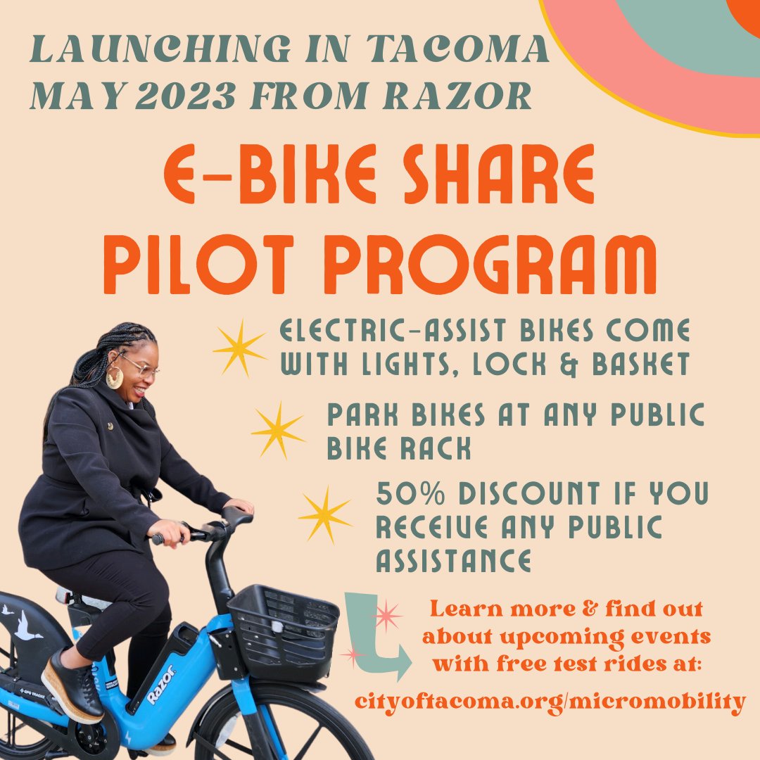 tacomamobility's tweet photo. Starting this May, @RazorWorldwide will be launching an e-bike share pilot program in the @cityoftacoma, with approximately 40 bikes to start. Learn more and find out about upcoming events with free test rides at https://t.co/RzXaosLdyR. https://t.co/ZxUrzSuxhE