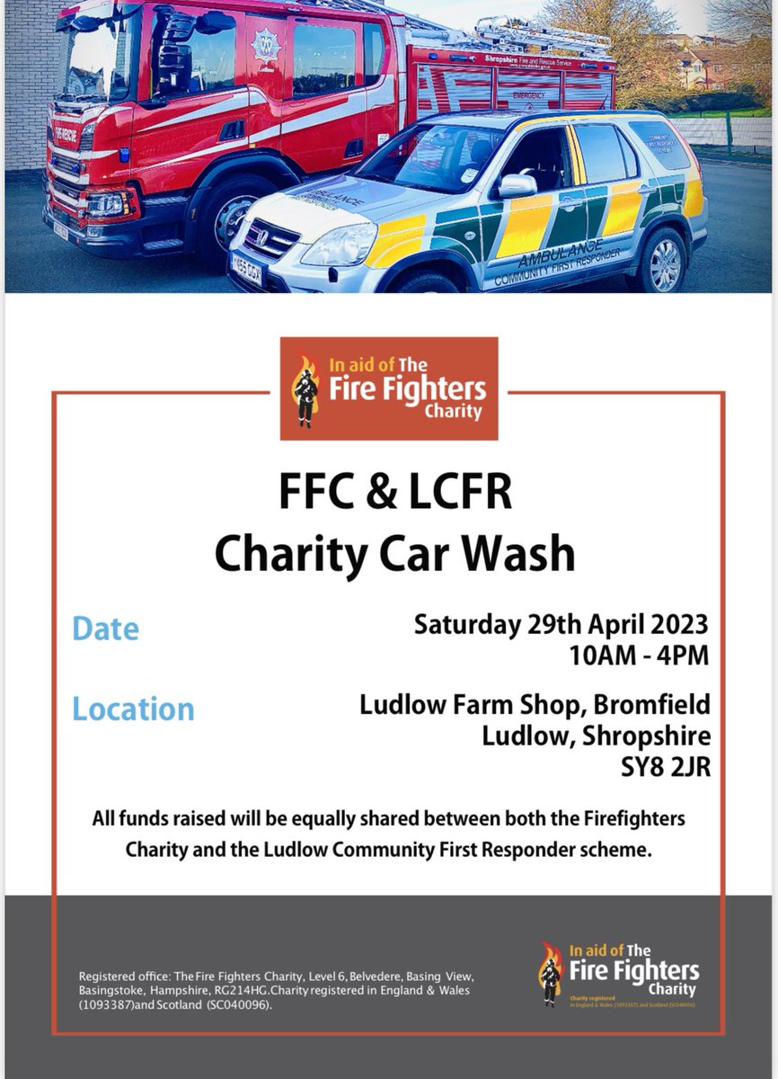 SFRS_Ludlow's tweet photo. Weโd love your help and support with our joint fundraising campaign along with Ludlow Community First Responders ๐โค๏ธ
We are pleased to announce another Chairty Car Wash at @LudlowFarmshop ๐๐๐งฝ๐ฆ๐
๐ฐFunds equally split FFC & LCFR ๐๐ฝ
#TeamLU #TeamLCFR #TeamLFS https://t.co/aETen9fBwl