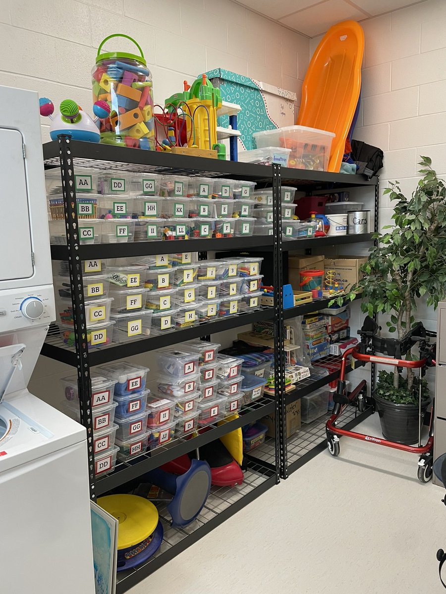MsWillettR's tweet image. Inspired by a photo of @KidsAbility &amp;amp; their #StorageRoom, my amazing EAs &amp;amp; I have organized our #TaskBins, #LearningTools, &amp;amp; #FileFolderGames! 
For those wondering about the bins:
🟢Math
🟡Literacy
🔴Life Skills
AA = easy
A = medium 
1 = hard
@oakwrdsb #SpecialEducation