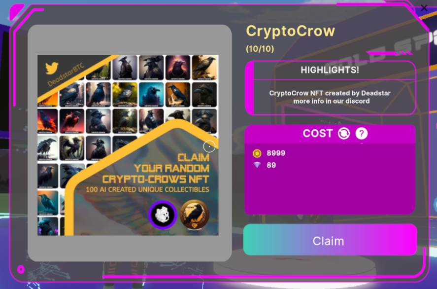 DeadstarBTC's tweet photo. Amazing! 8 of 10 Crypto Crows NFTs were sold in less than 30 minutes. As I promised, tomorrow after the tenth item gets claimed I will announce the raffle for the first 10 buyers. Trust me, it's worth it. #CryptoCrows @MetaGamiMall https://t.co/N5T9ajBjOZ