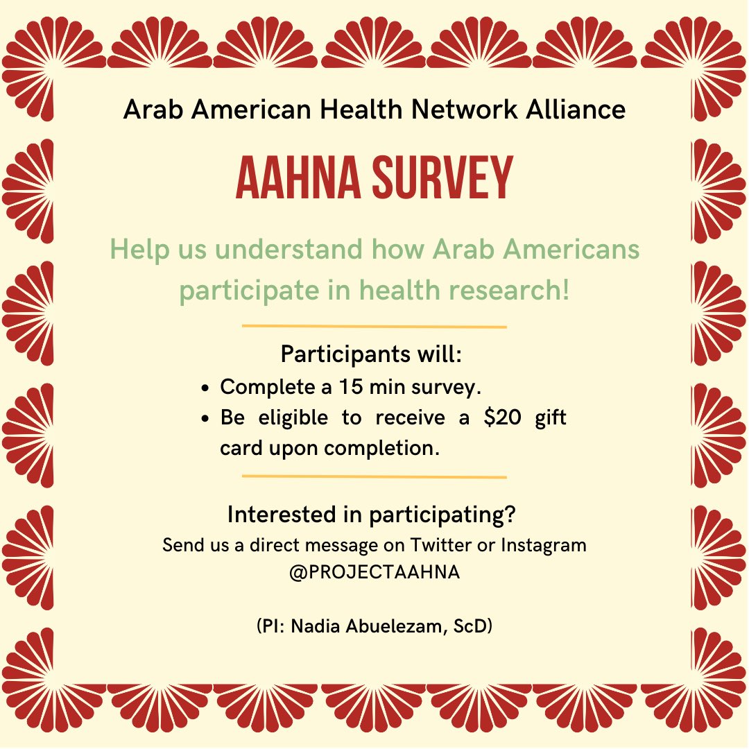 📣 Attention Arab Americans! 📣 Participate in the AAHNA survey and make a difference in the health of our community. Send us a DM and share with your friends and family! #ArabAmericanHealth #AAHNA #Research ‼️‼️