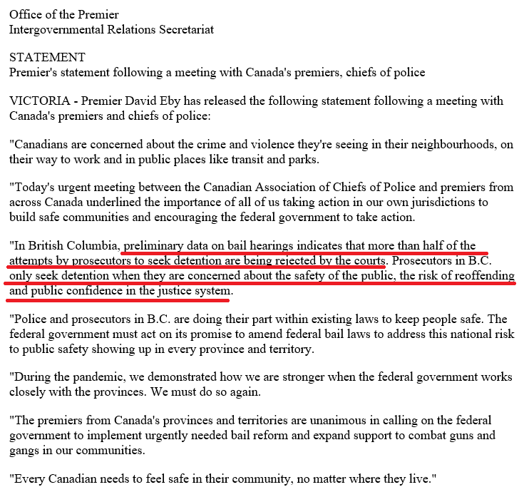 This statement from the Premier of BC (and fmr. Director of the BCCLA) hits the nail on the head:

"... more than half of the attempts by prosecutors to seek detention are being rejected by the courts."