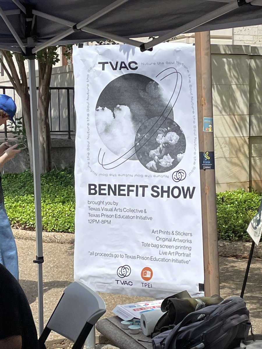TexasPrisonEd's tweet photo. We are in front of Littlefield Fountain with the Texas Visual Arts Collective! Their amazing artists are selling prints, stickers, live portraits, and screen prints until 8pm! All proceeds go to supporting TPEI. https://t.co/gre8atmkLY