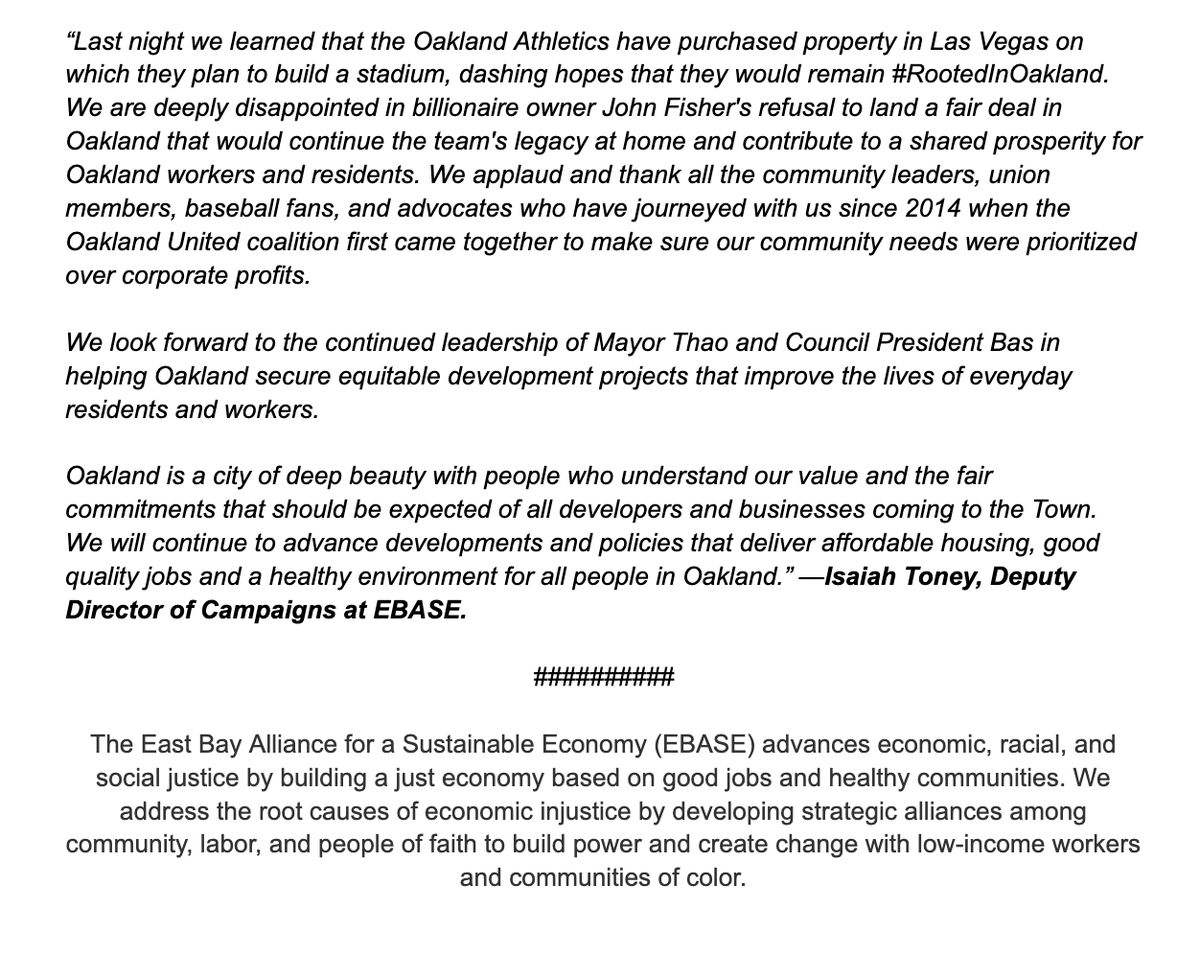 workingeastbay's tweet photo. We look forward to the continued leadership of @MayorShengThao &amp; CP @nikki4oakland in helping Oakland secure equitable development projects that improve the lives of everyday residents and workers.
Read EBASE’s statement in response to the A’s signing a land deal in Las Vegas. https://t.co/JEl47KO4RH
