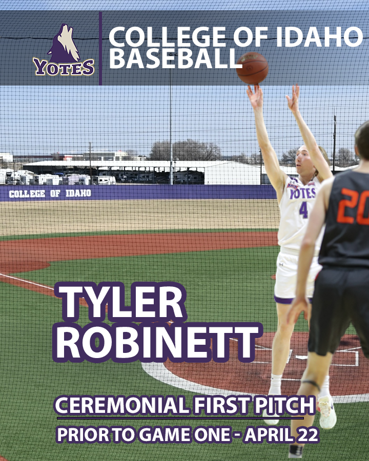BASEBALL
 🚨 Special Announcement 🚨 
Tyler Robinett of <a href="/YotesHoops/">College of Idaho MBB</a> will be throwing out the first pitch on Saturday prior to the Yotes doubleheader against Bushnell. Doubleheader on Saturday starts at 1 p.m. at Wolfe Field in Caldwell.