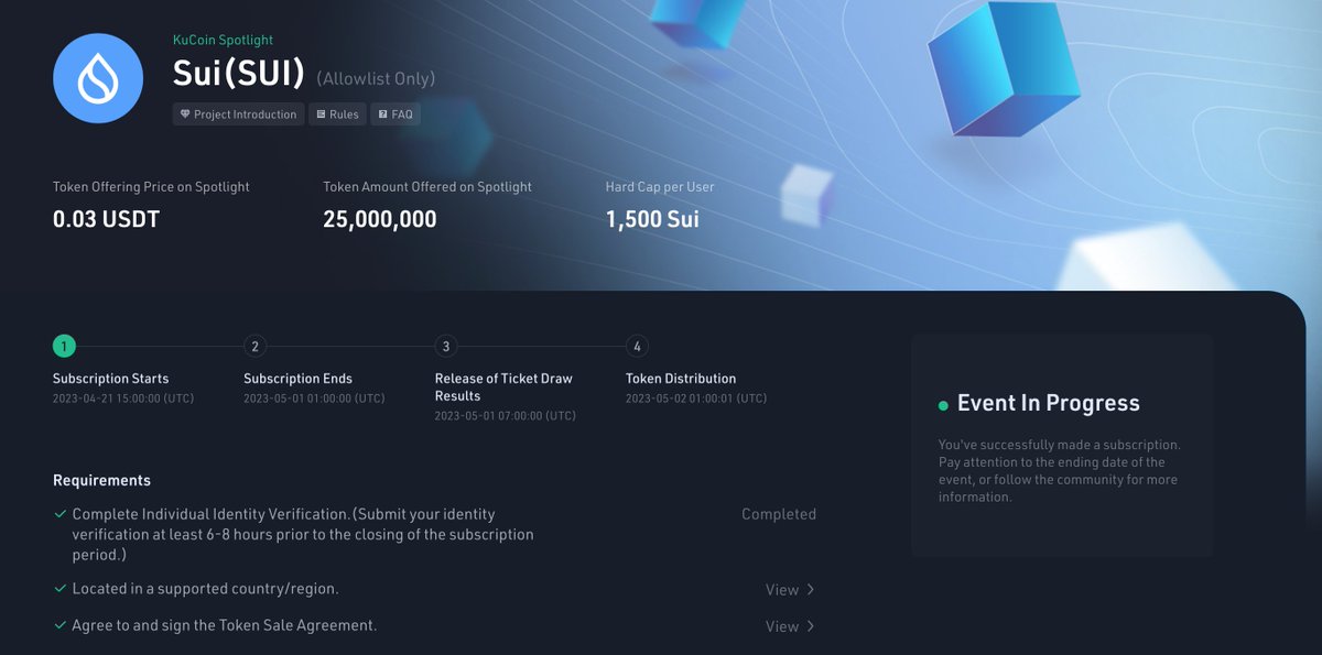 Mariusz_crypto's tweet photo. W ostatnich dniach głośno o #airdropie (otrzymaniu WL na zakup SUI na preferencyjnych warunkach).

Dzisiaj szczęśliwcy otrzymali emaile od @Bybit_Official informujące o wygranej alokacj.

Dużo osób bierze też udział w sprzedaży tokenów na @kucoincom  po 0,1$

Dzisiaj doszła tam nowa funkcja - na stronie https://t.co/NWydl4jkm8

można zapisać się na tokeny po 0.03$. Pisze że dla "Allowlist Only" ale u mnie na każdym koncie udało się przystąpić. 

Zobaczymy czy i tutaj wpadnie alokacja.

#KuCoin #SUI #kryptowaluty #krypto #Bitcoin