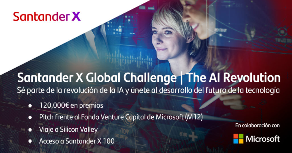 Apúntate al Santander X Global Challenge | The AI ​​Revolution .Los seis ganadores obtendrán premios, visibilidad, sesiones de tutoría con expertos en IA y más. 
✈️ Los equipos ganadores viajarán a Silicon Valley.
📝 Regístrate antes del 28 de abril en santanderx.com/es/sites/santa…