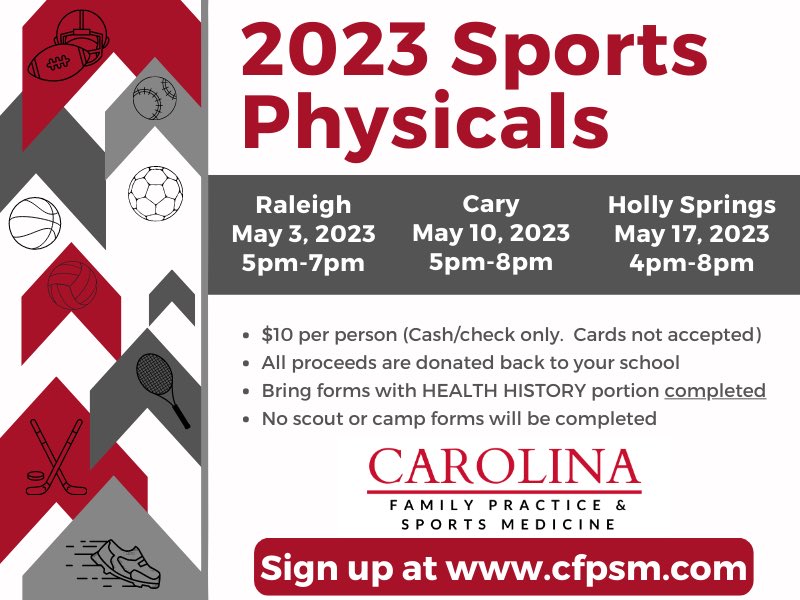 There are still plenty of spots available at all three CFPSM locations.  Sign up now for a sports physical for the 2023-2024 school year. Cost is $10 and all money is donated back to your school.  Click the link to sign up. 
signupgenius.com/go/4090D4AA4AB…