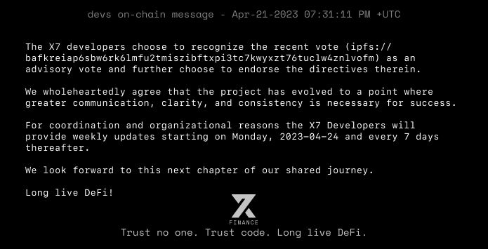X7_Finance's tweet photo. The X7 Community has just leveled up! π
A new era of professionalism, collaboration, and communication between our developers and community will usher the industry's most novel #DEX into existance.
Read our new on-chain message: https://t.co/5edJsf3wpb https://t.co/YiLDXngwdd