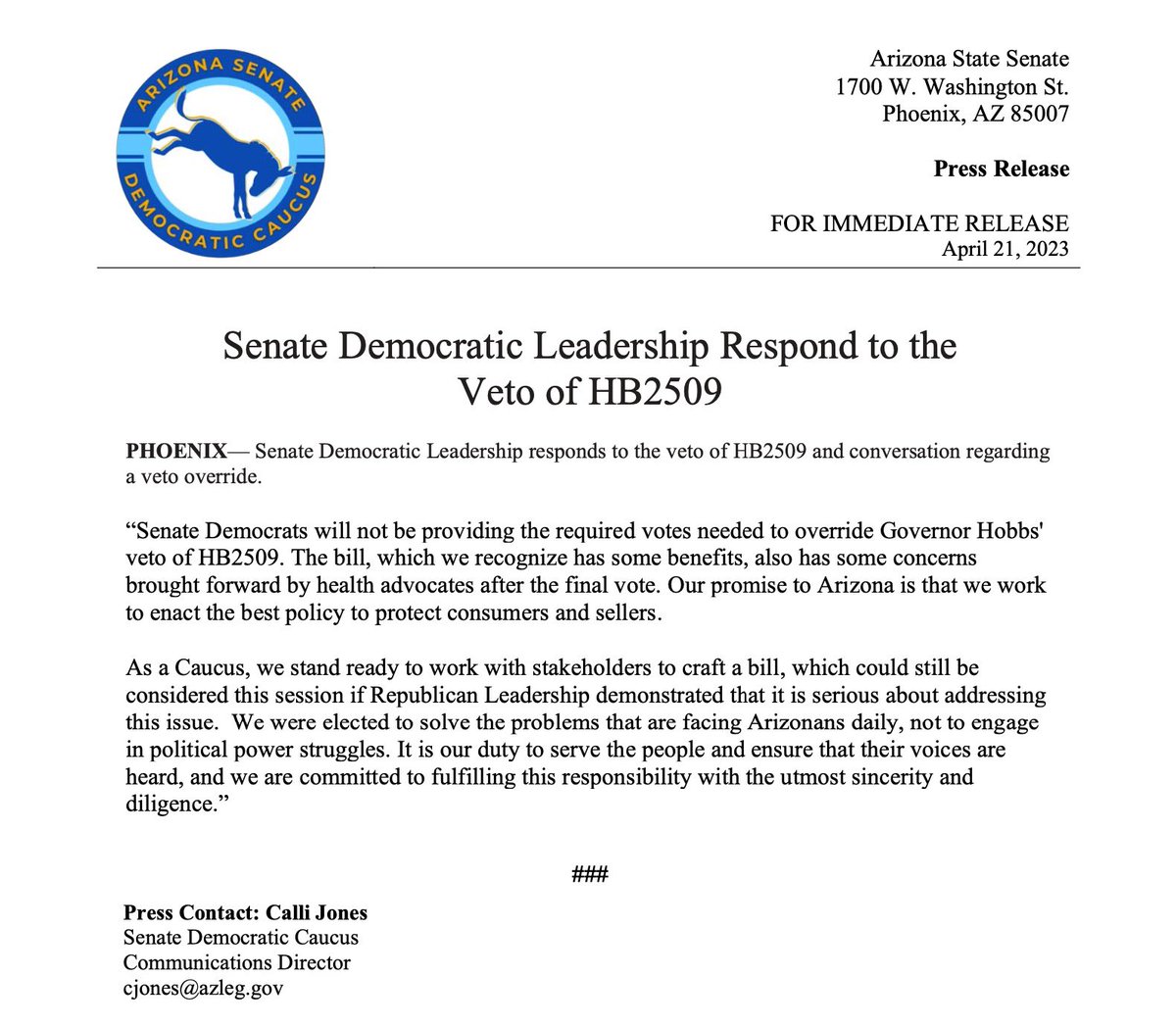 Press Release: Senate Democratic Leadership Respond to the Veto of HB2509