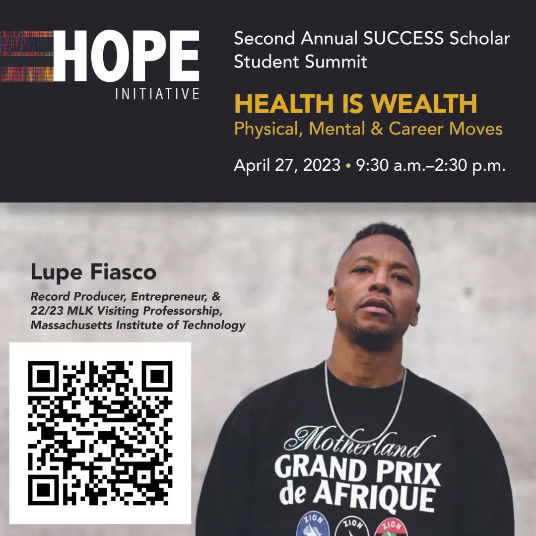 We're less than one week away from our Second Annual SUCCESS Scholar Student Summit, focusing on Physical, Mental, and Career Moves, and featuring our keynote speaker Lupe Fiasco! Scan the QR code to RSVP! #BHCC #HOPE #StudentSummit #LupeFiasco