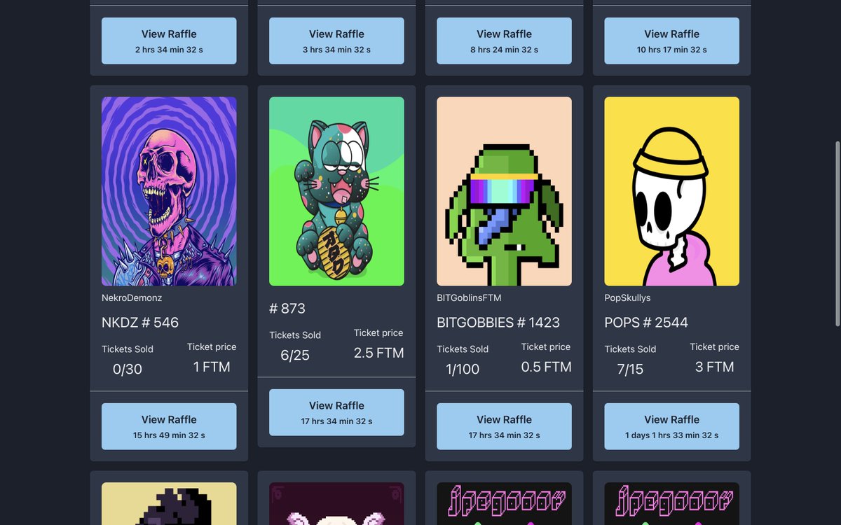 jpegooor's tweet photo. Raffle mania!
We have 7 raffles concluding today; you can win them for cheap for buying raffle tickets (prices are as low as 0.5 $FTM).
Raffles include:
#FingerStatchers
#Heretix
#ChillPillFTM
#FantomPunks
#NekroDemonz
#AcidCats
#BITGoblinsFTM
@FantomPunks @TEENSONACID https://t.co/CHDF9Jjkk9