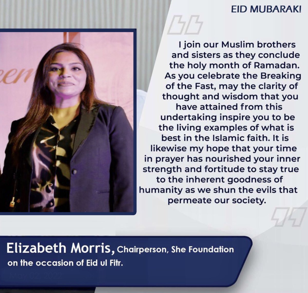 ElizehWasHere's tweet photo. My warmest wishes #EidalFitr #EidMubarak to all of my beloved #Muslim brothers, sisters , friends and amilies in #Pakistan & around the world❣️
#InterfaithHarmony #Pakistan #ElizabethMorris #SheFoundation
#Eid @anilaali @ICPHPakistan @ibrahim_alnaimi @allamaahsan @imammagid https://t.co/6QDFemAAqW