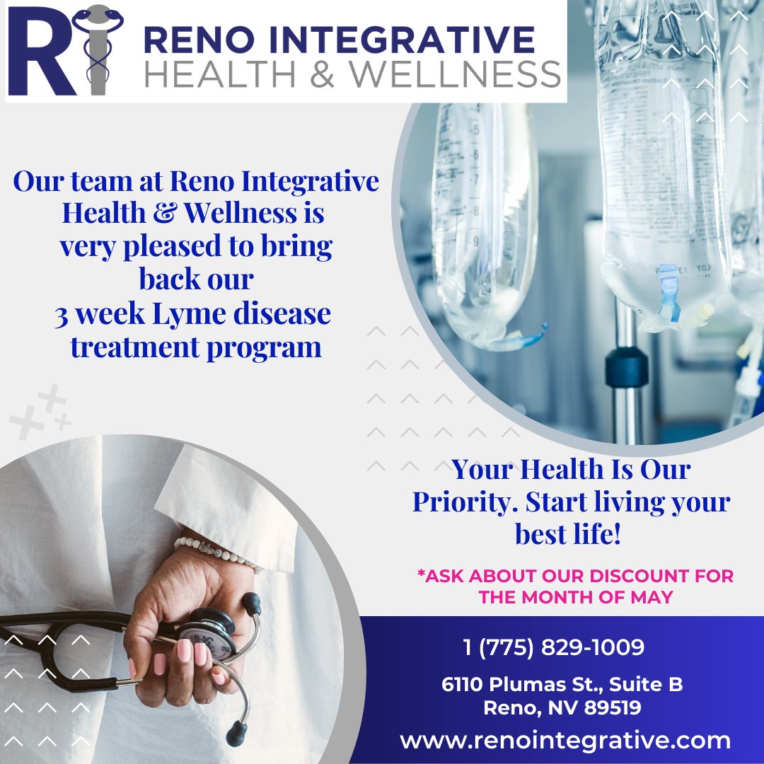 RenoIntegrative's tweet photo. We want to help you combat Lyme Disease through our 3-week comprehensive treatment program, designed to provide a more comfortable and quick recovery.
Call today and ask about our discount for the month of May!
#lymedisease #lymewarrior #lymetreatment #lymeawareness https://t.co/xDOqWaCLrE