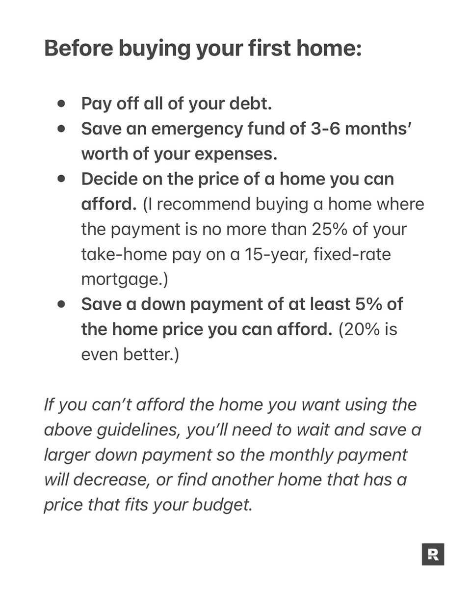 DaveRamsey's tweet photo. Follow these guidelines, and your first home will be a decision you're proud of, not one you regret. 

My team recommends top agents all over the country who will help find the right home for you AND your budget! 

🏡 Contact one in your area: https://t.co/k3Vvphrghq https://t.co/Ki2tbT7c83