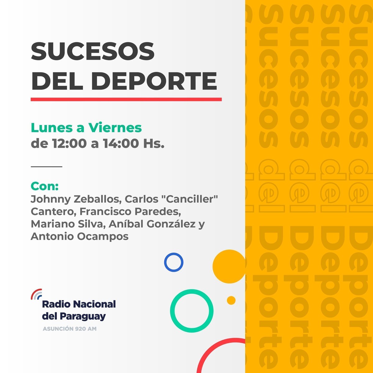 rnpy920am's tweet photo. Ya comienza  con  #SucesosDelDeporte con @JohnnyZeballos @Bechu_Paredes, Hugo Rodas y Aníbal González,  quienes te acompañan hasta las 14:00 horas 

🔴 En Vivo por la #920am
📻 https://t.co/zf96PAJ3ns https://t.co/op0kfDMrn4
