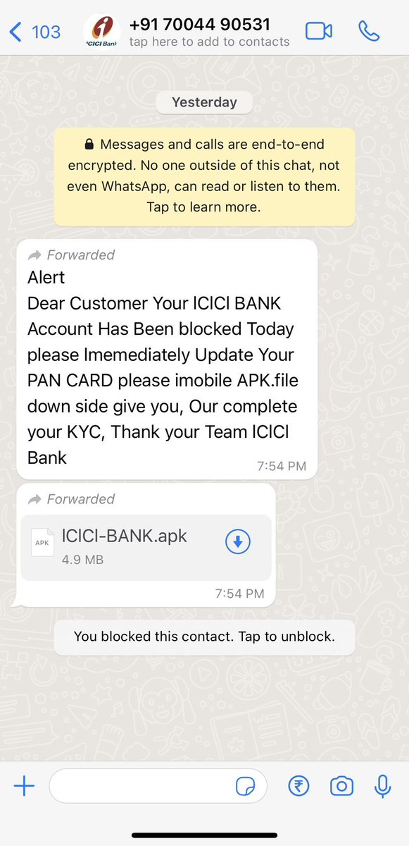 JCyberSec_'s tweet photo. This is interesting...⚠️
A malicious WhatsApp business account sending APK malware📲
🇮🇳Using ICICI Bank as the lure 🏦
#KITIntel🔍This is a poor effort in terms of spelling, grammar and forwarding of the message but an interesting TTP🤔
#Phishing #Malware https://t.co/IsalaGt8e7