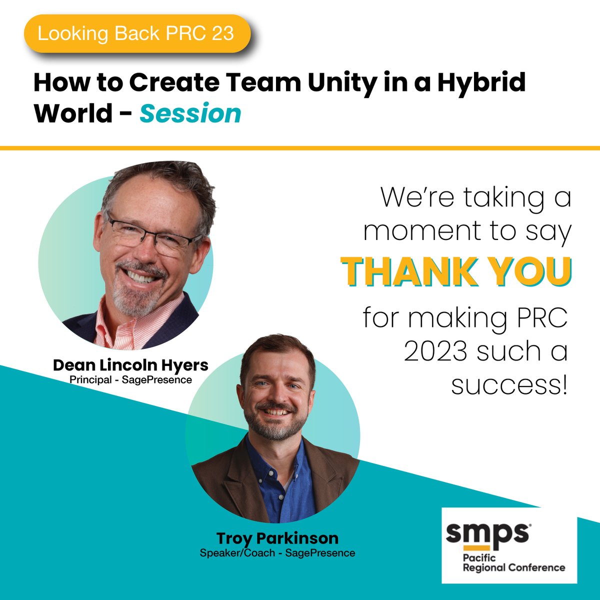 SMPSTheWave's tweet image. Looking Back PRC 23 - We’re taking a moment to say THANK YOU for making PRC 2023 such a success!

How to Create Team Unity in a Hybrid World- Session Speakers #SMPSPRC2023
