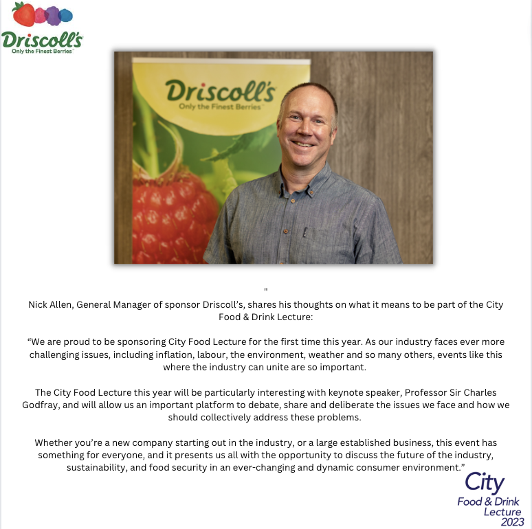 CityFoodLecture's tweet photo. Nick Allen, General Manager of sponsor @driscollsberry, shares his thoughts on what it means to be part of the City Food & Drink Lecture.
#FoodSecurity #Sustainability #CFDL2023 #CFDLSponsor #Driscolls https://t.co/UbXbNxrnRV