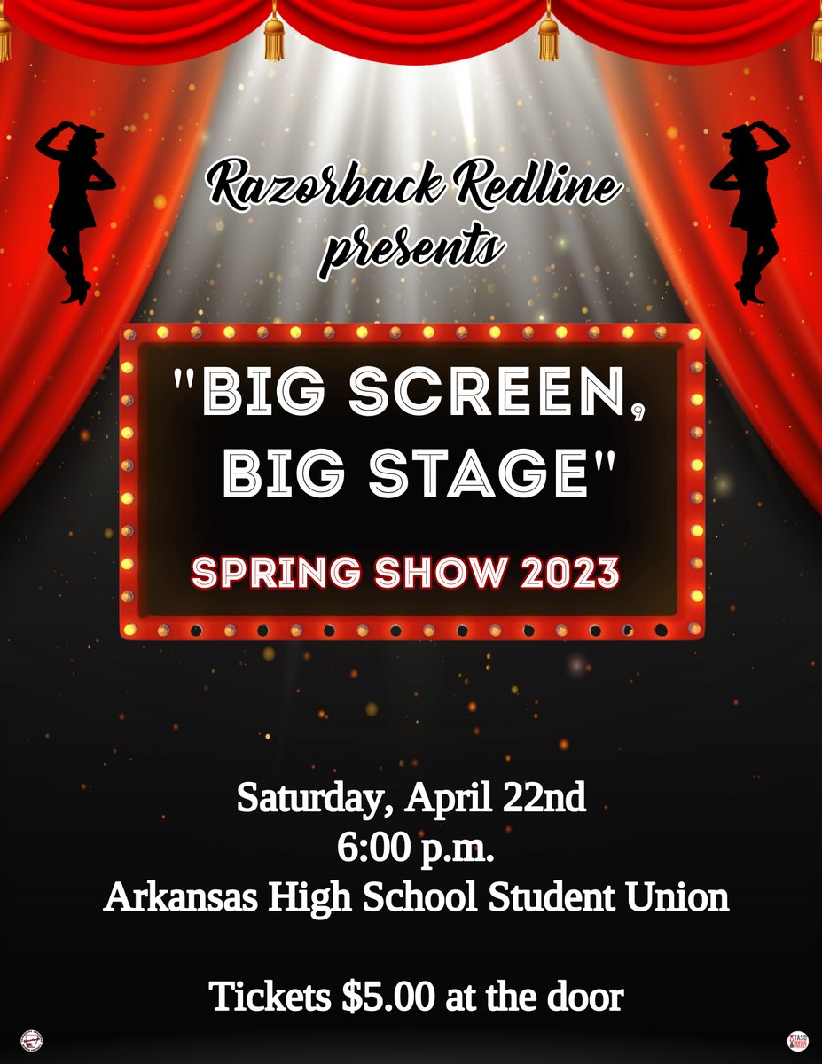 teamtasd's tweet photo. The Arkansas High School Razorback Redline would like to invite you and your family to the Redline Spring Show, “Big Screen, Big Stage”, this Saturday, April 22nd at 6:00 pm in the AHS Student Union. Tickets will be $5 at the door. #teamtasd #potentialrealized https://t.co/qeCOEEKzTO