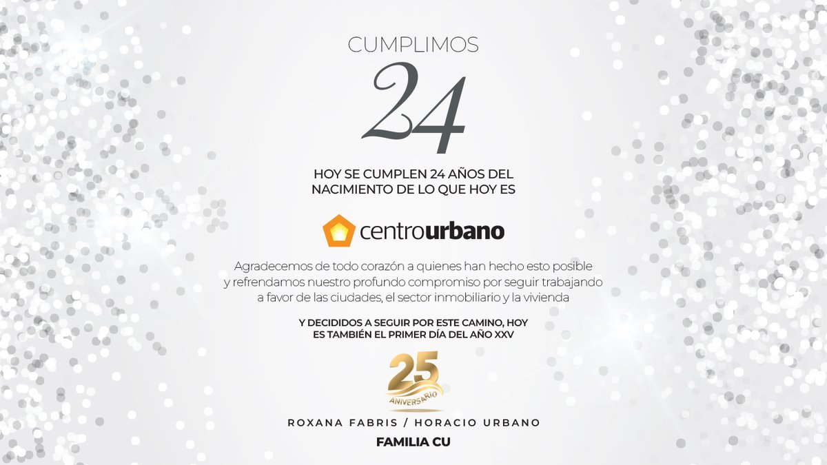 CentroUrbano's tweet photo. ¡Cumplimos 24 años! 🎉🎂🎈 

Agradecemos a quienes han hecho esto posible y refrendamos nuestro compromiso por seguir trabajando a favor de las ciudades, el sector inmobiliario y la vivienda. 🏡🏙️ 

Conoce más en 👉🏻 https://t.co/RUwtJ49lOx https://t.co/hSDcv5TjK2