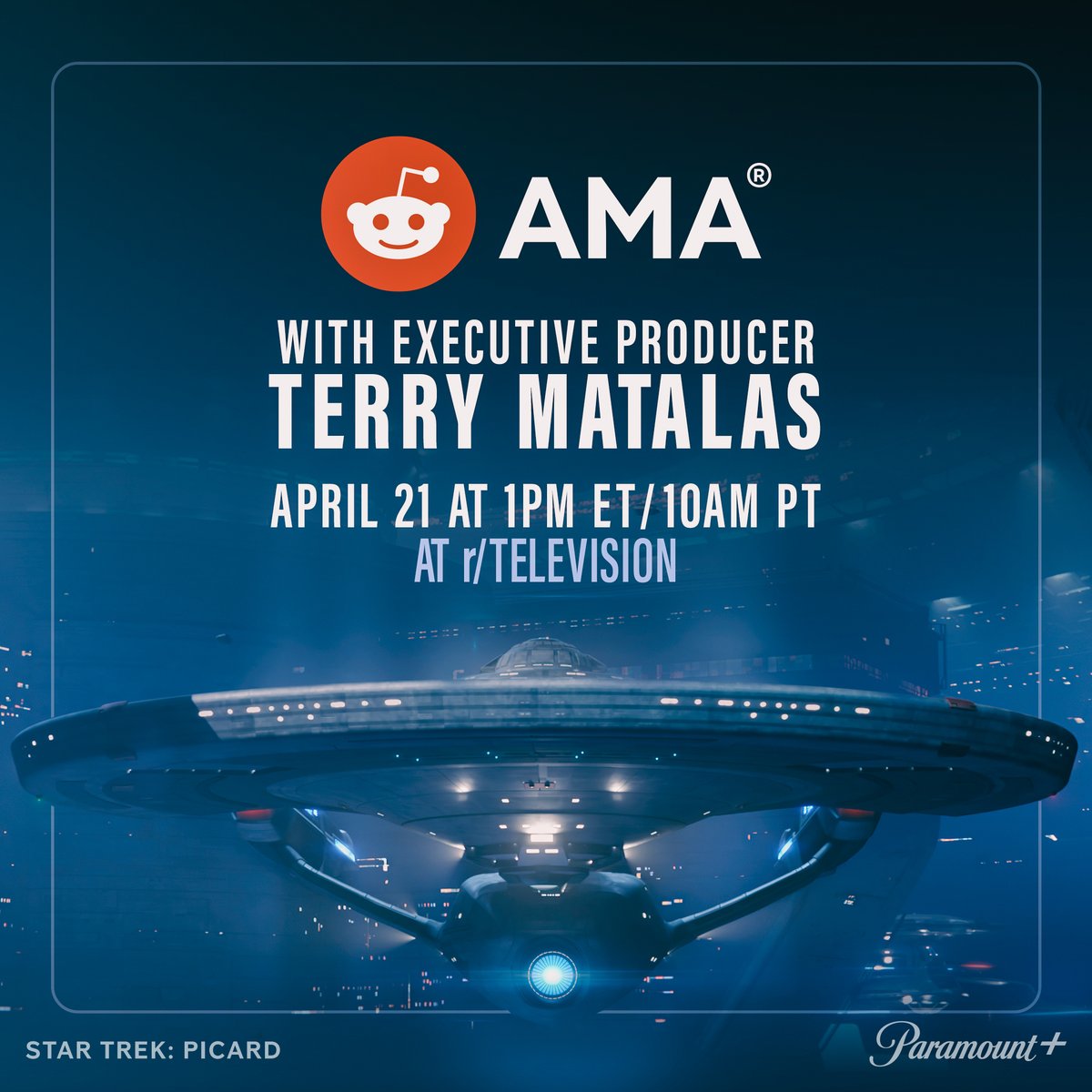 StarTrekOnPPlus's tweet photo. The @Reddit AMA with #StarTrekPicard Executive Producer @TerryMatalas begins in one hour! We're setting a course for 🚨 SPOILERS 🚨 so make sure you've watched the finale and then join us on r/Television: https://t.co/RAhlE3hnOw https://t.co/xXXtOkOfnt