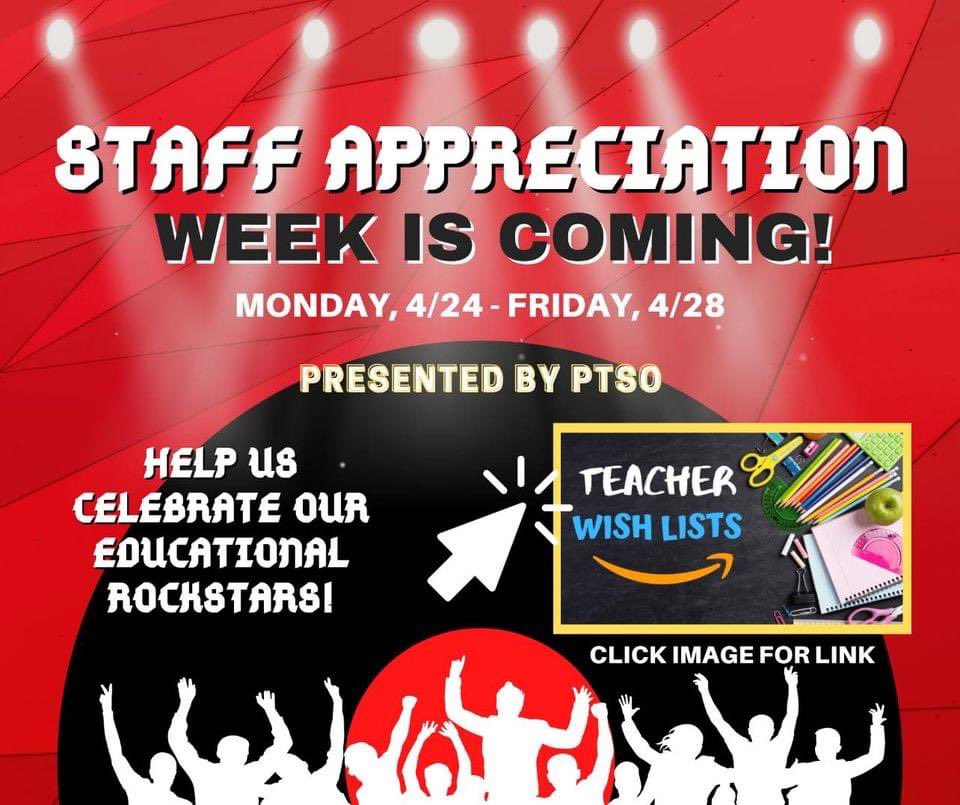 Next week our PTSO is celebrating our teachers &amp; staff! 

📣📣 Calling all Panther Fans! It’s time we show our Educational ROCKSTARS how much we appreciate them! 👏🎸

Join us as we celebrate Pershing’s faculty and staff during Staff Appreciation Week April 24th - 28th.