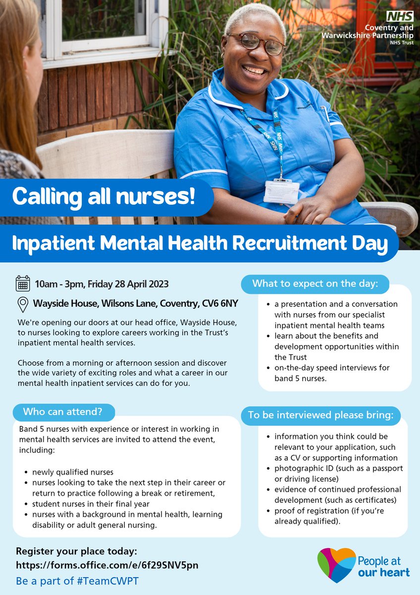 Are you a #nurse who is:

-newly qualified?
-returning to practice following a break or retirement?
-looking for the next step in your career?

We have an opportunity for you. Come along to our recruitment day on 28 April. Register: bit.ly/3omlQT6