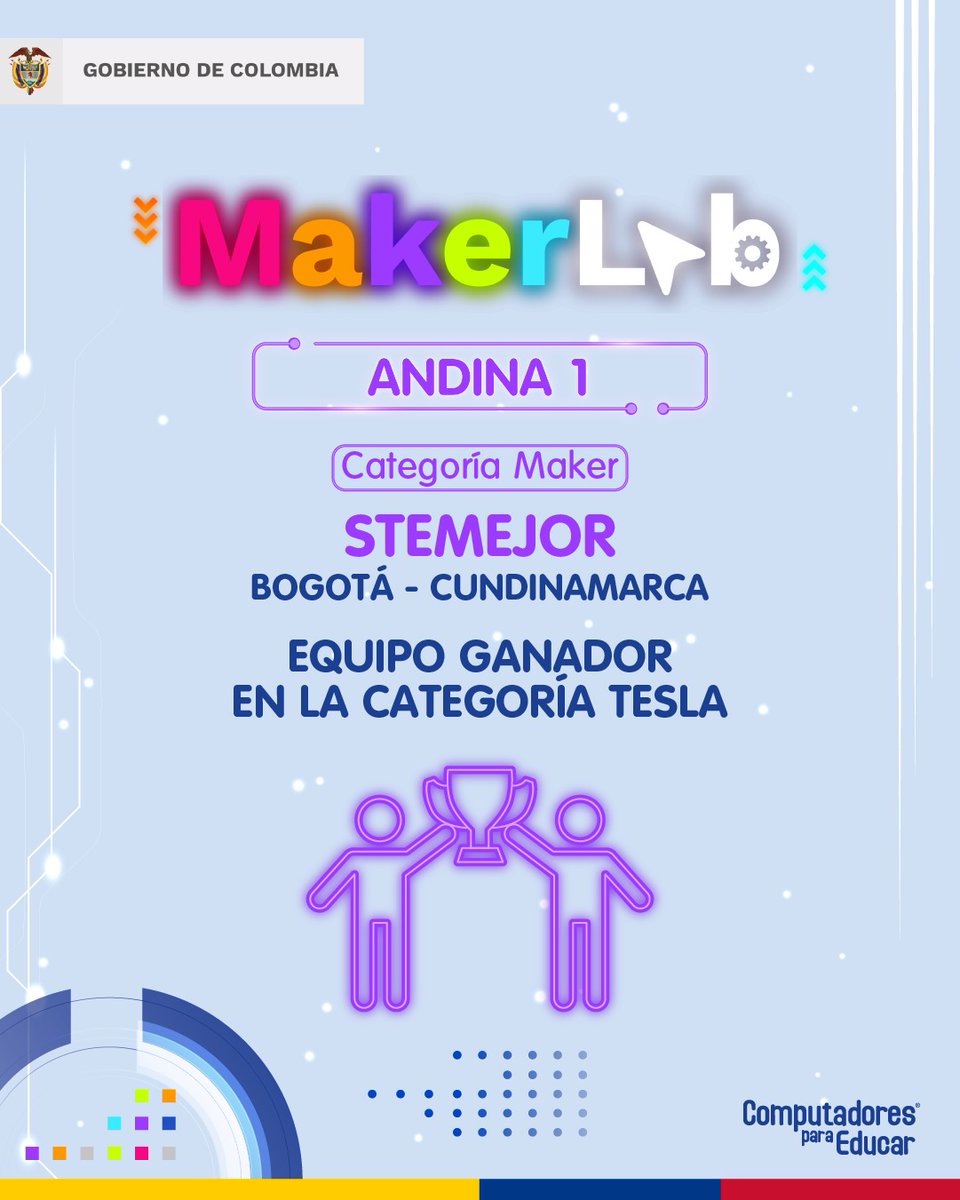 CompuParaEducar's tweet photo. 🔵🤖 ¡Felicitaciones Bogotá! El equipo STEMejor es el ganador de #MakerLabCPE en la categoría Maker, Subcategoría Tesla https://t.co/CTBrWDOHdw