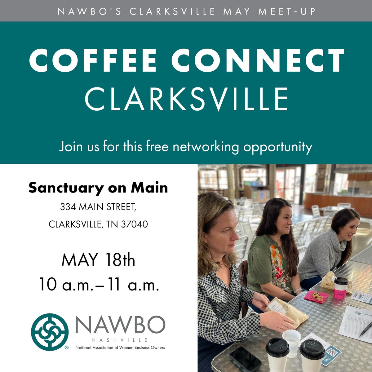 Hey Clarksville business owners! Join us at Sanctuary on Main 334 on May 18th for our new Coffee Connect event! Get caffeinated and connect with other women entrepreneurs in a casual and free networking setting. RSVP now: bit.ly/3V8O3tf

#NashvilleNAWBO #NAWBO