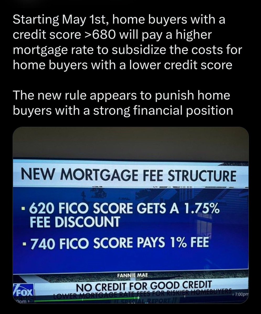 To all those GOOD credit holders concerned about the new Mortgage fee structure in the US. Pro tip: stop paying your mortgage to reduce your credit score. Then get a 1.75% reduction on your interest rate on said loan, pay much less for same home without a refi!! You're welcome