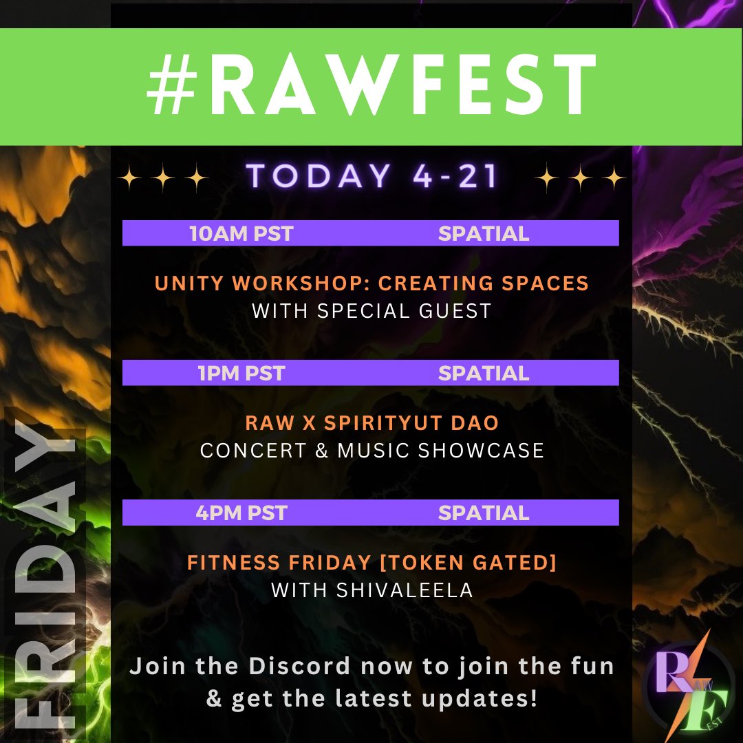 tinycreates_'s tweet photo. Another action-packed day for #RAWFest in @Spatial_io ๐โก๏ธ
Join us in an hour for our 1st Unity workshop & then @spirityut concert & Fitness Friday w @iDanceArtHWEB3 ๐๐ฝ
Get your free tix on Eventbrite now for updates & links: https://t.co/ouF78tTmiv
@the_RAW_DAO #RAWSZN6 https://t.co/y0e0JxK4Ly