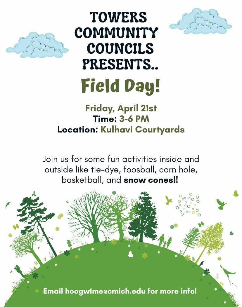 Join us today for our Towers Wide event Field Day! Starts at 3pm and we will be in the Kulhavi Courtyards. So many fun activities inside and outside!