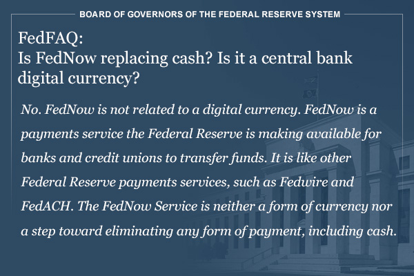 federalreserve's tweet photo. #FedFAQ: Is FedNow replacing cash? Is it a central bank digital currency?
No. FedNow is not related to a digital currency. FedNow is a payments service the Federal Reserve is making available for banks and credit unions to transfer funds. (1/6) https://t.co/ACBjfEhR4A https://t.co/txyjE77nyw