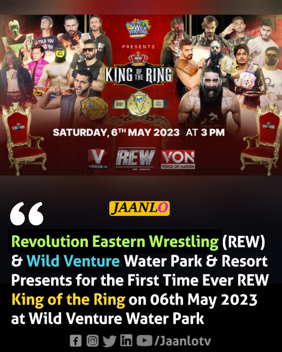 Jaanlotv's tweet photo. @rewpakistan &amp; Wild Venture water park and resort presents R.E.W king of the Ring on 06th May 2023 at Wild Venture water park.

1. 9 men Battle Royal for Indian Championship 

2. 8 men KING OF THE RING tournament

3. REW World Champion @TheKovu vs @jordan_Hurr 

@xmakfitness https://t.co/9TXdCoDhOd