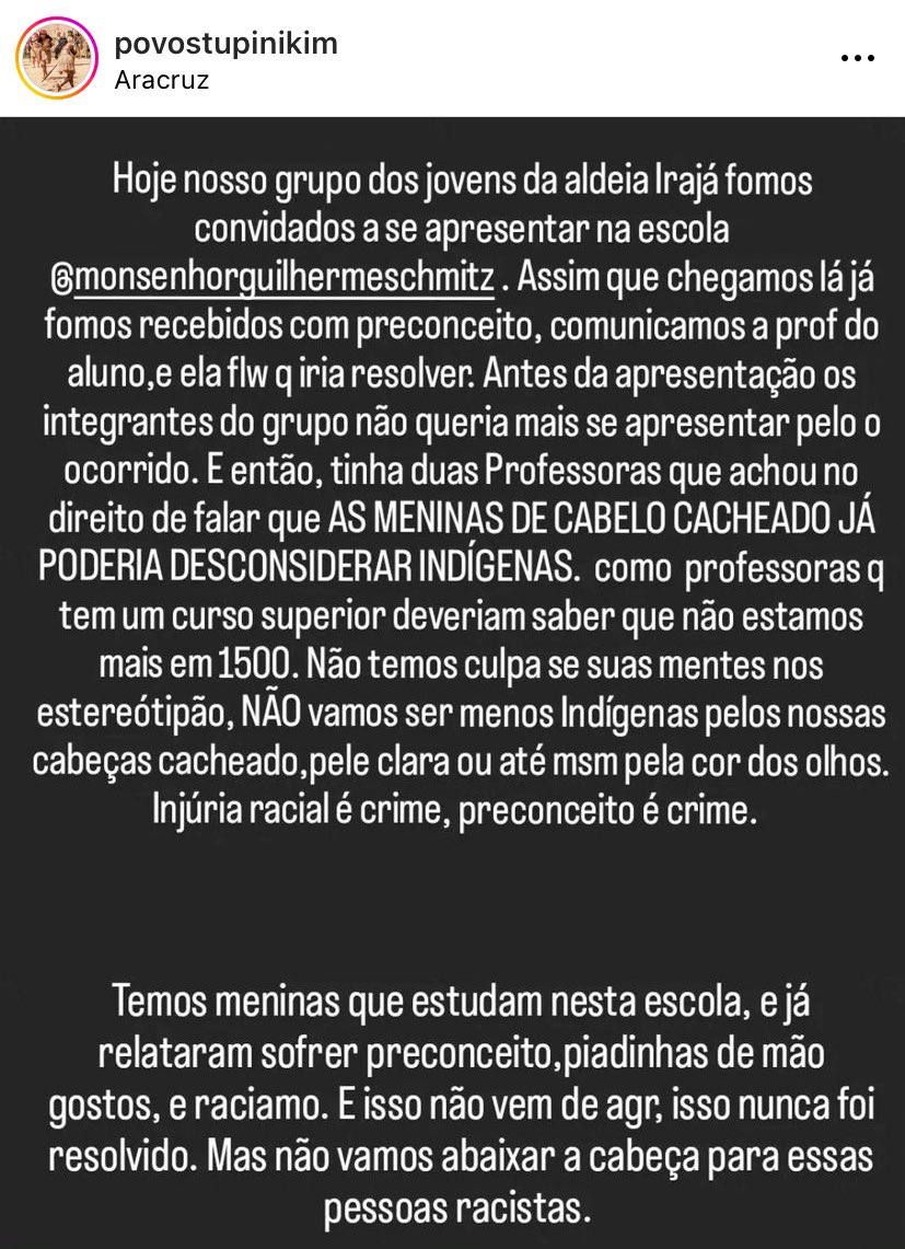 nidewana's tweet photo. Em pleno Dia dos Povos Indígenas, um grupo de indígenas Tupinikim foi vítima de racismo por parte de professoras e alunos da escola Monsenhor Guilherme Schmitz, no município de Aracruz (ES). As professoras chegaram a deslegitimar as indígenas por terem cabelo cacheado. https://t.co/fr8r7cFH62