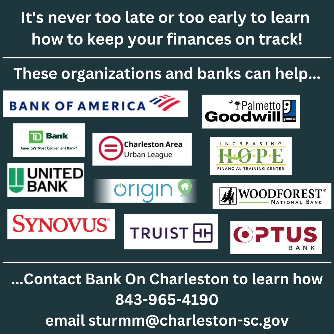 CityCharleston's tweet photo. Bank On Charleston, a city initiative that connects residents to financial resources and services, is celebrating National Financial Literacy month. Bank On can help you find a safe, low-cost bank account that will save you money.  Call 843-965-4190 to get connected today! https://t.co/sV7kbpYIpK