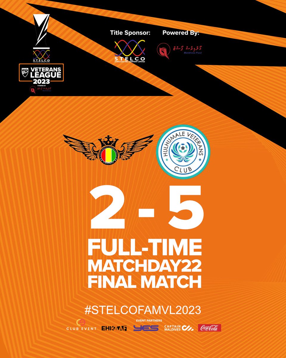 #STELCOFAMVL2023MD22  Final | Full-time
#DaGrandeNewGenerationSportsClub 2
#HulhumaleVeteransClub 5
.
#STELCOFAMVL2023 #famveteransleague2023 #famveterans #FAMVL2023 #PowerdByMaldivesPostLtd
