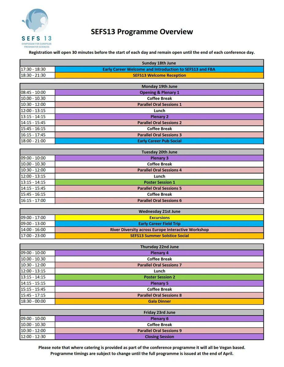 freshwaterbio's tweet photo. SEFS13 are pleased to share their programme overview, giving you a flavour of what to expect!
More details along with registration info can be found on the wesbite - https://t.co/RJA2Ml53kL
More detailed programme annoucements coming soon!
#SEFS13 #SeeYouAtSEFS #programme https://t.co/E6erygeVHJ
